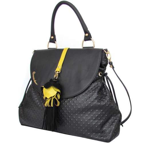 Braccialini fashion luxury dots black leather handbag with yellow rose pendant Best Deal in New York